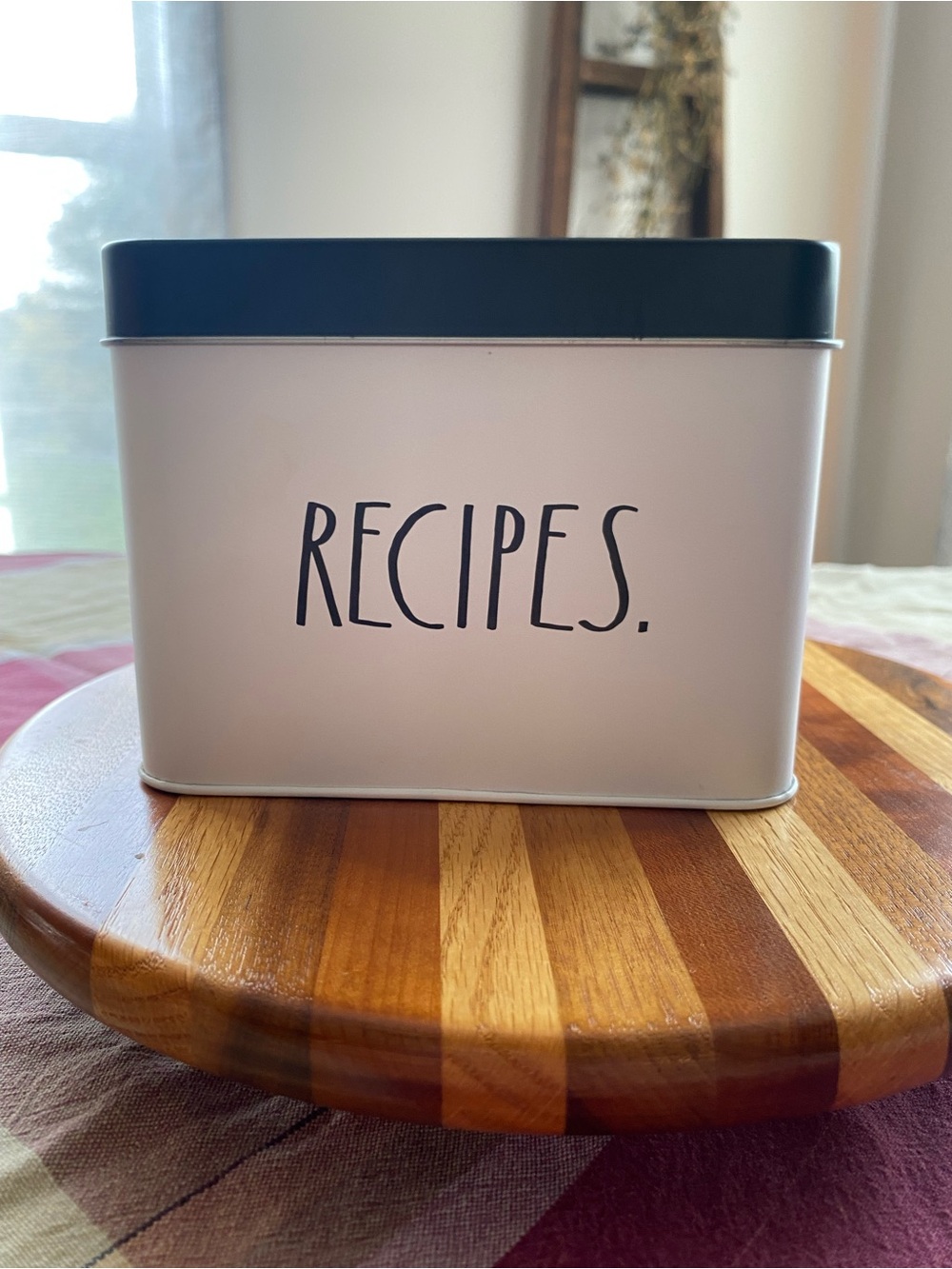 Rae Dunn White Recipe Tin with Black Lid